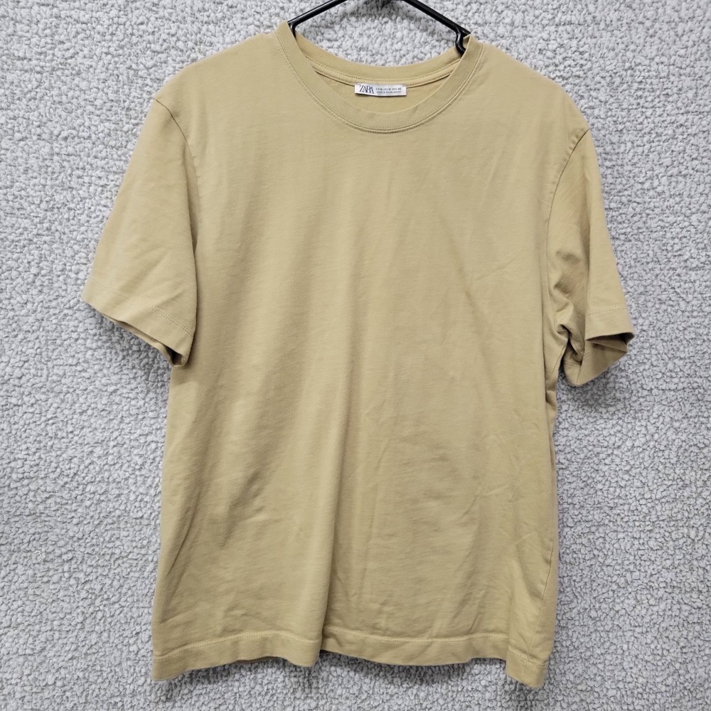 Zara Mens Short Sleeve Crewneck T-Shirt Tan Brown 100% Cotton Size Medium